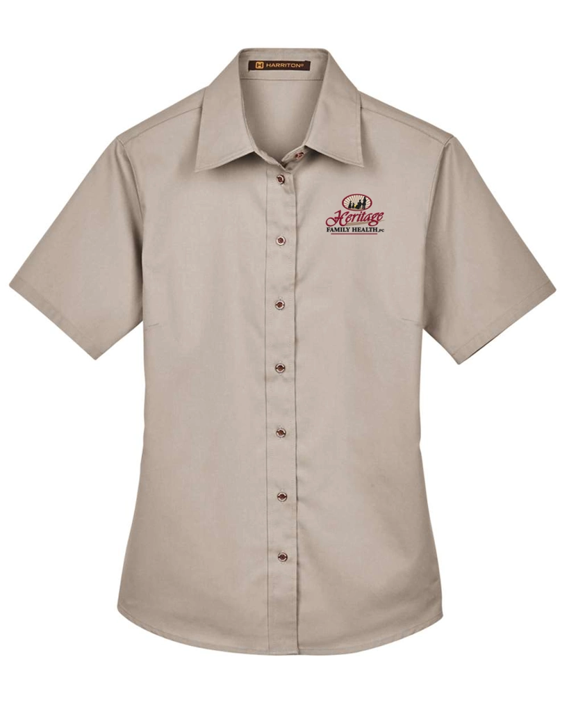 Color Image for M500SW - Harriton - Women's Easy Blend™ Short Sleeve Twill Dress Shirt with Stain-Release - Stone - HFH - FC RC -E Dark